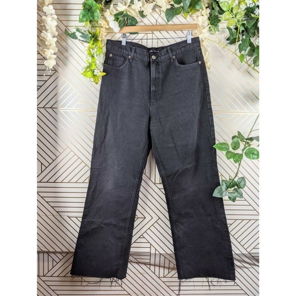 Zara Women's Black Wide Leg Jeans Size 12 zip fly raw hem - Picture 1 of 7
